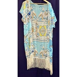 Boho Fringe Kimono Mediterranean Tile Blue Resort Poolside Duster Cover Up EUC